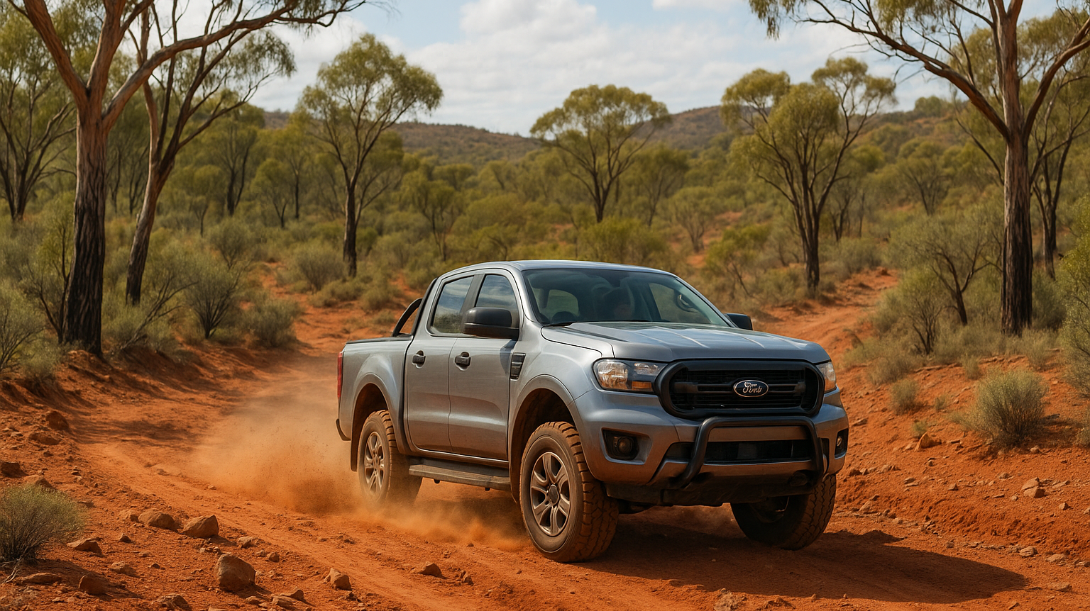 A Ford Ranger traversing a dry desert area, surrounded by dunes and sparse vegetation.