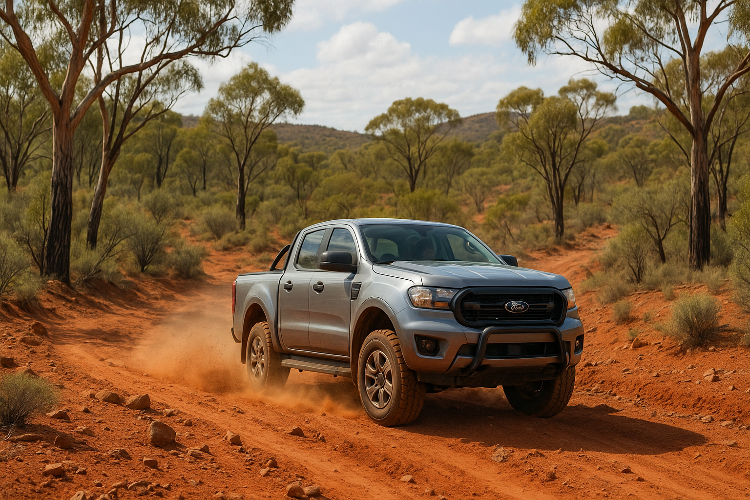 A Ford Ranger traversing a dry desert area, surrounded by dunes and sparse vegetation.