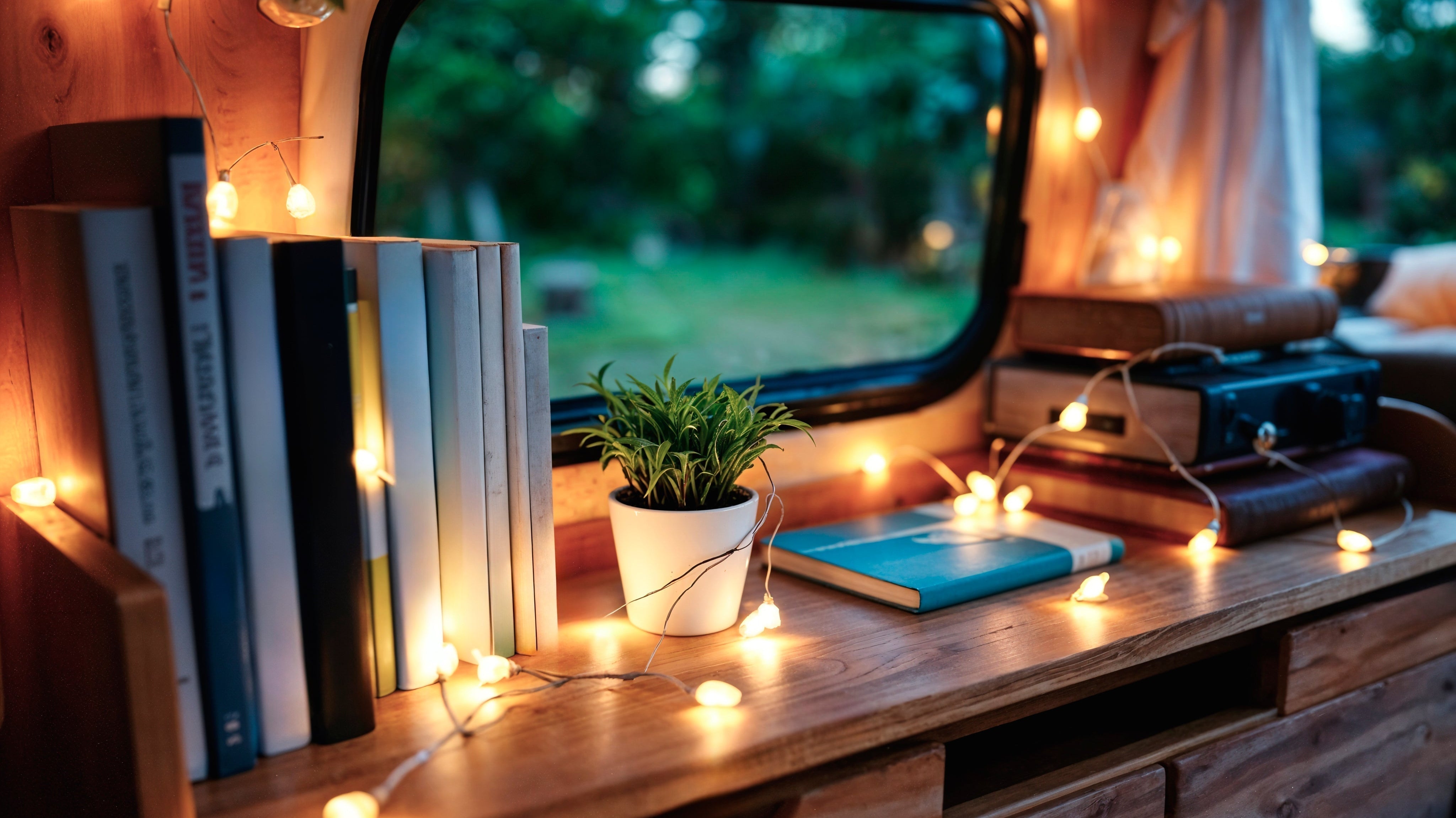 A bookshelf adorned with lights and plants, filled with books, creating a cozy atmosphere in a caravan.