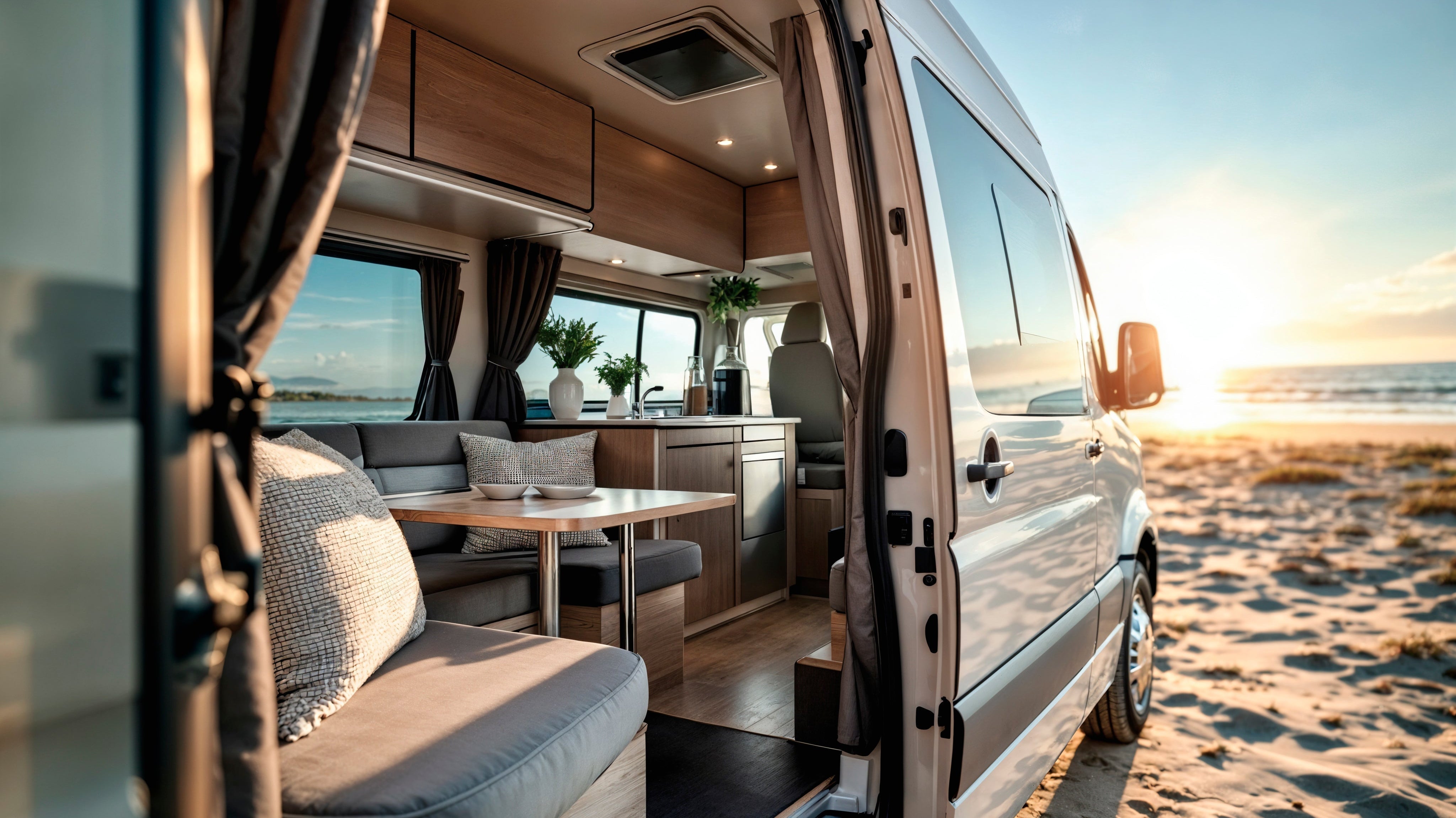 A camper van on the beach during sunset, with the sun dipping below the horizon and illuminating the sky in orange hues.