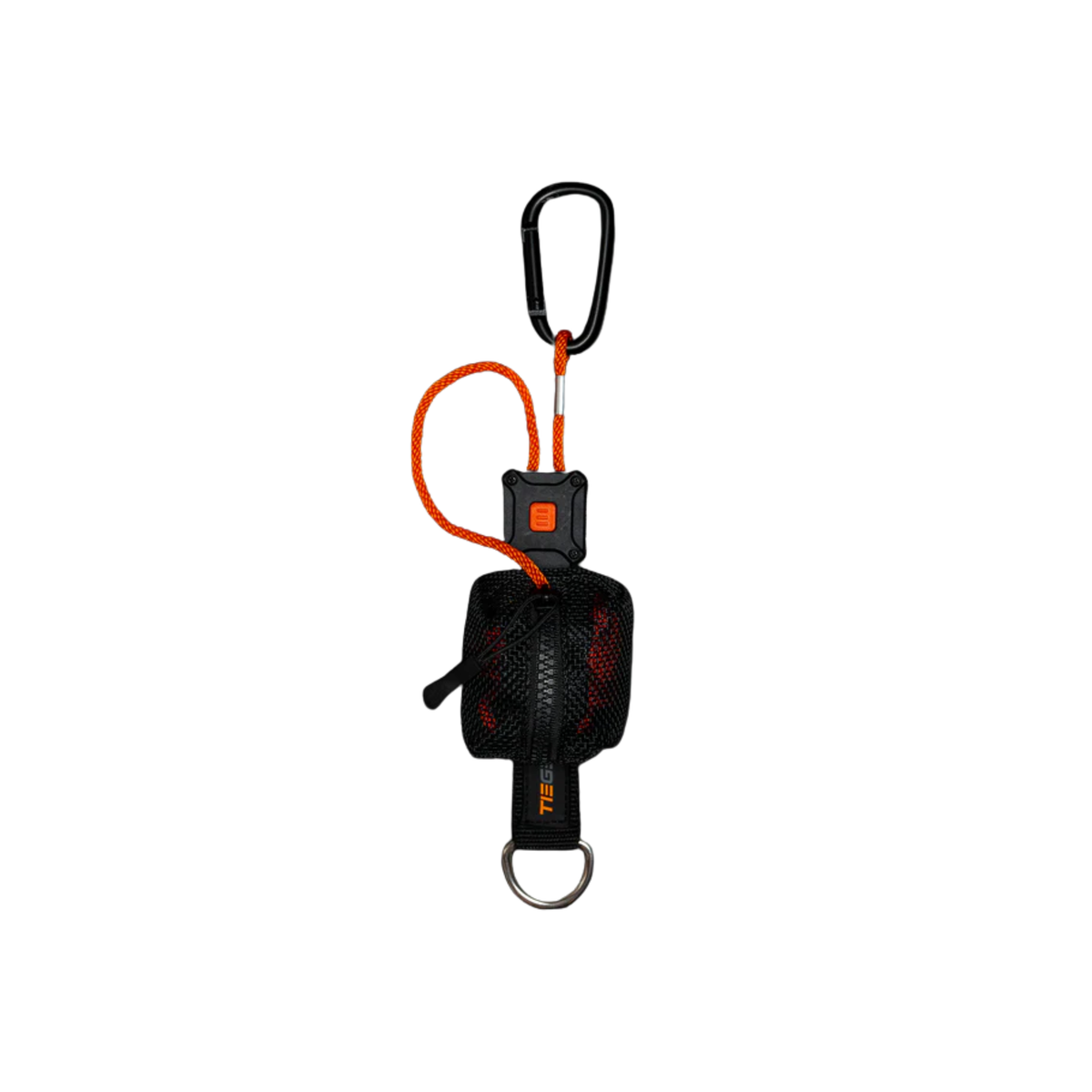 Black and orange guy rope with carabiner with on a white background
