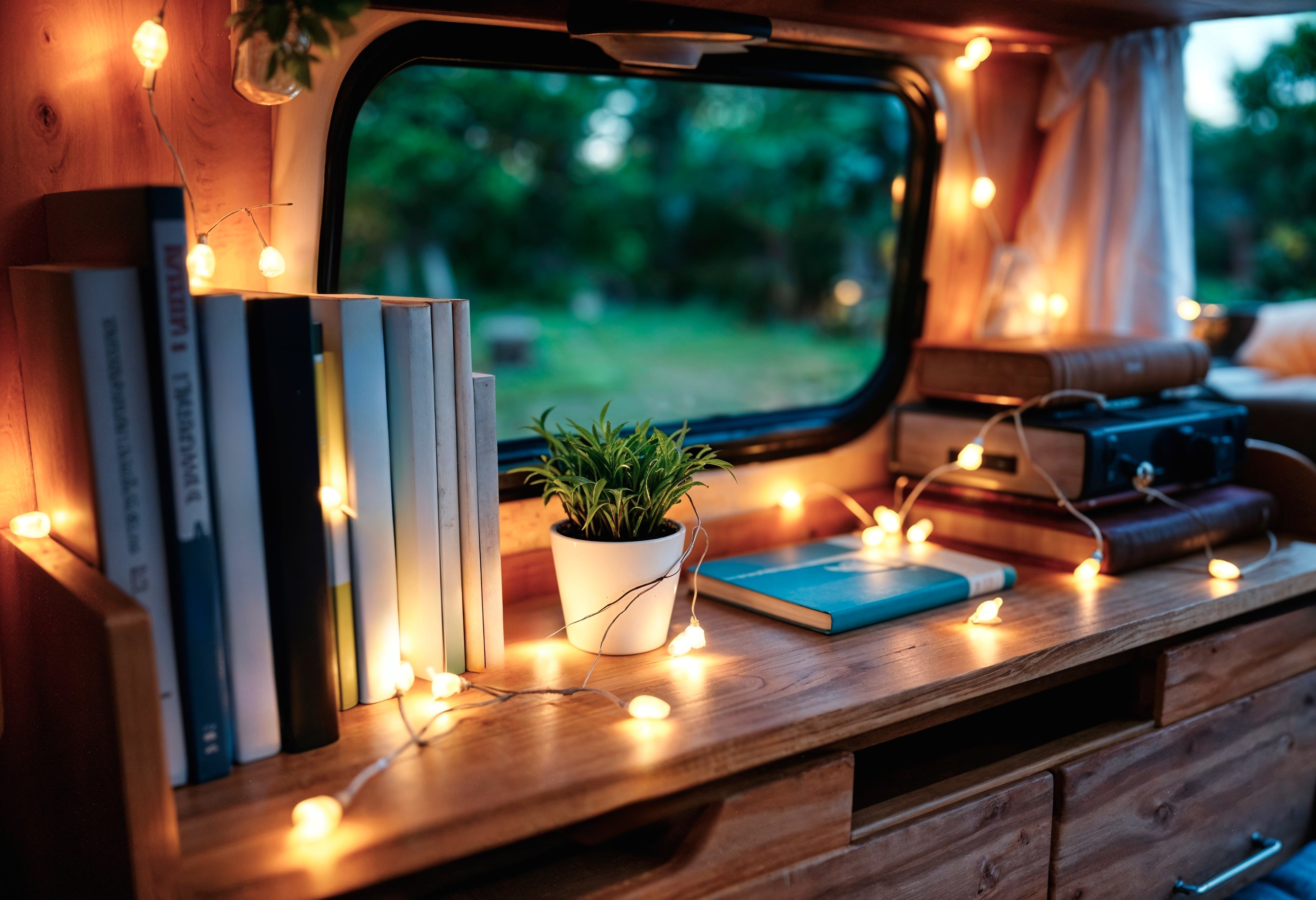 A bookshelf adorned with lights and plants, filled with books, creating a cozy atmosphere in a caravan.