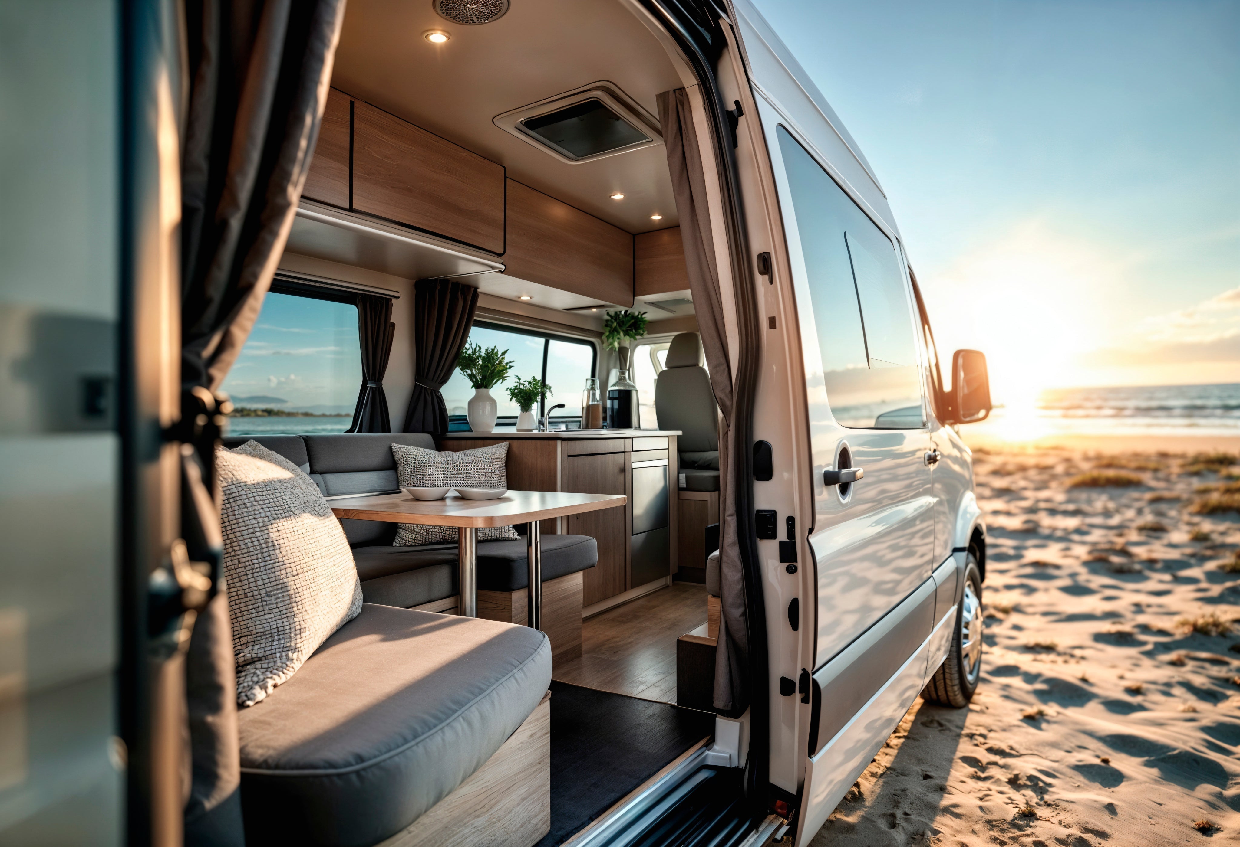 A camper van on the beach during sunset, with the sun dipping below the horizon and illuminating the sky in orange hues.