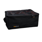 Black duffel bag with orange zipper and 'TieGear' logo on a white background